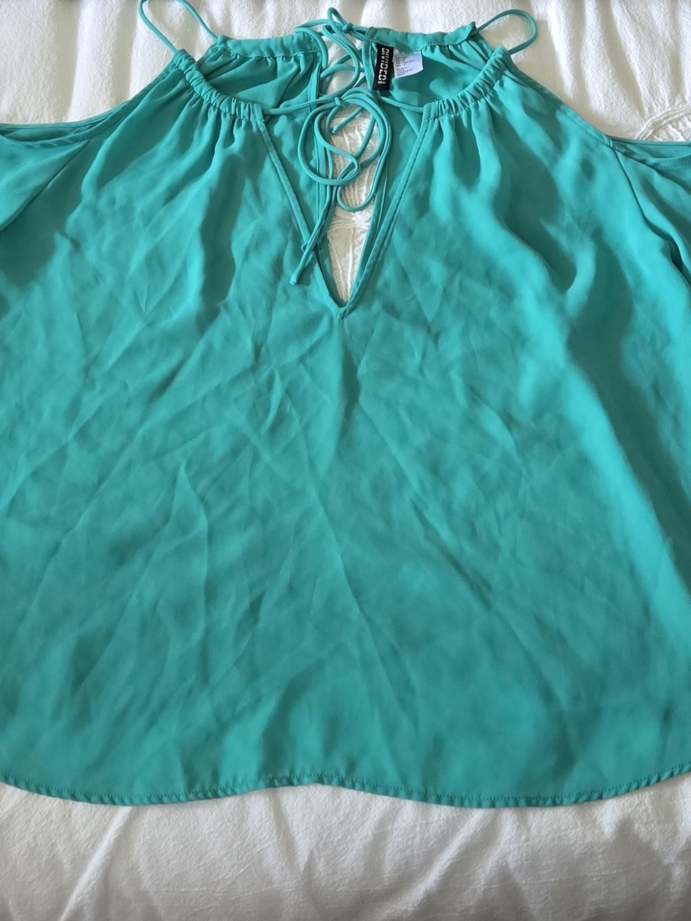 Divided By H&M- Blue Green Cold-Shoulder Lace-Up Blouse